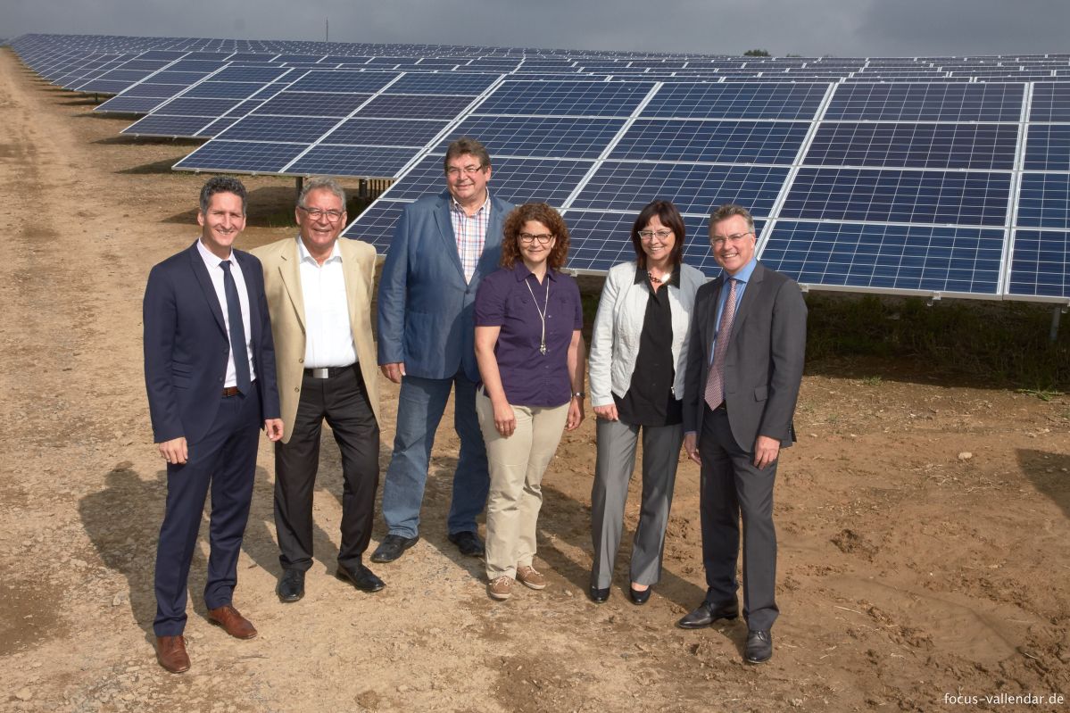 Vier Männer und zwei Frauen sind professionell gekleidet und stehen vor einem Solarpark